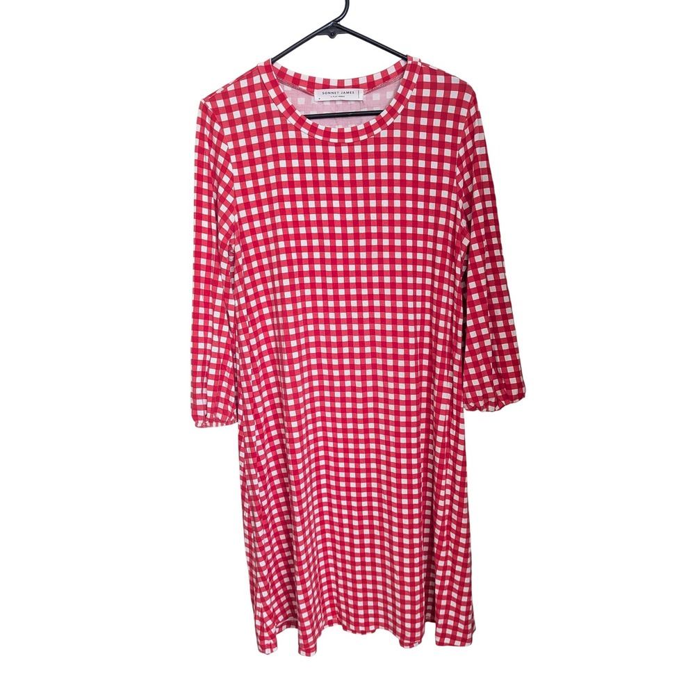 Sonnet James Red Gingham Play Dress 3/4 Sleeve Size Medium Preppy Americana